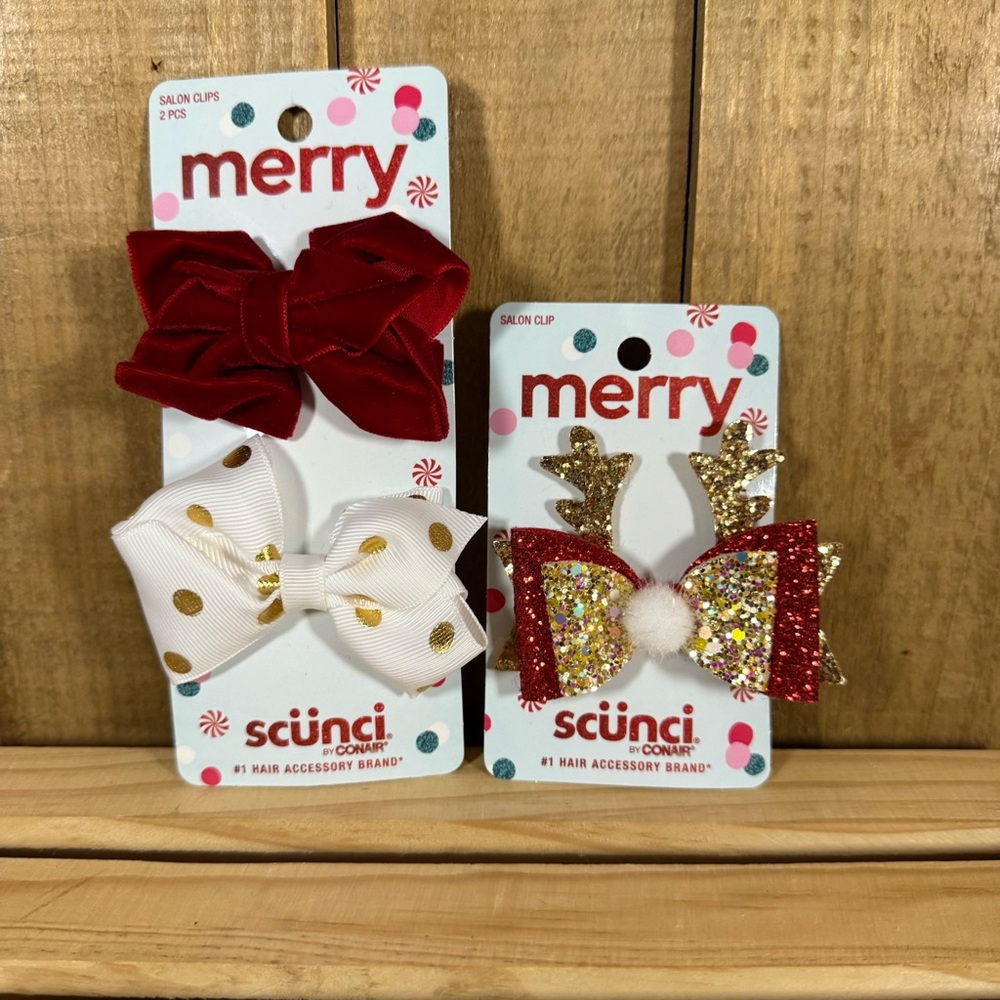 Scunci Conair Salon Clips Lot Of 3 Christmas Holiday Girls Reindeer Velvet New
